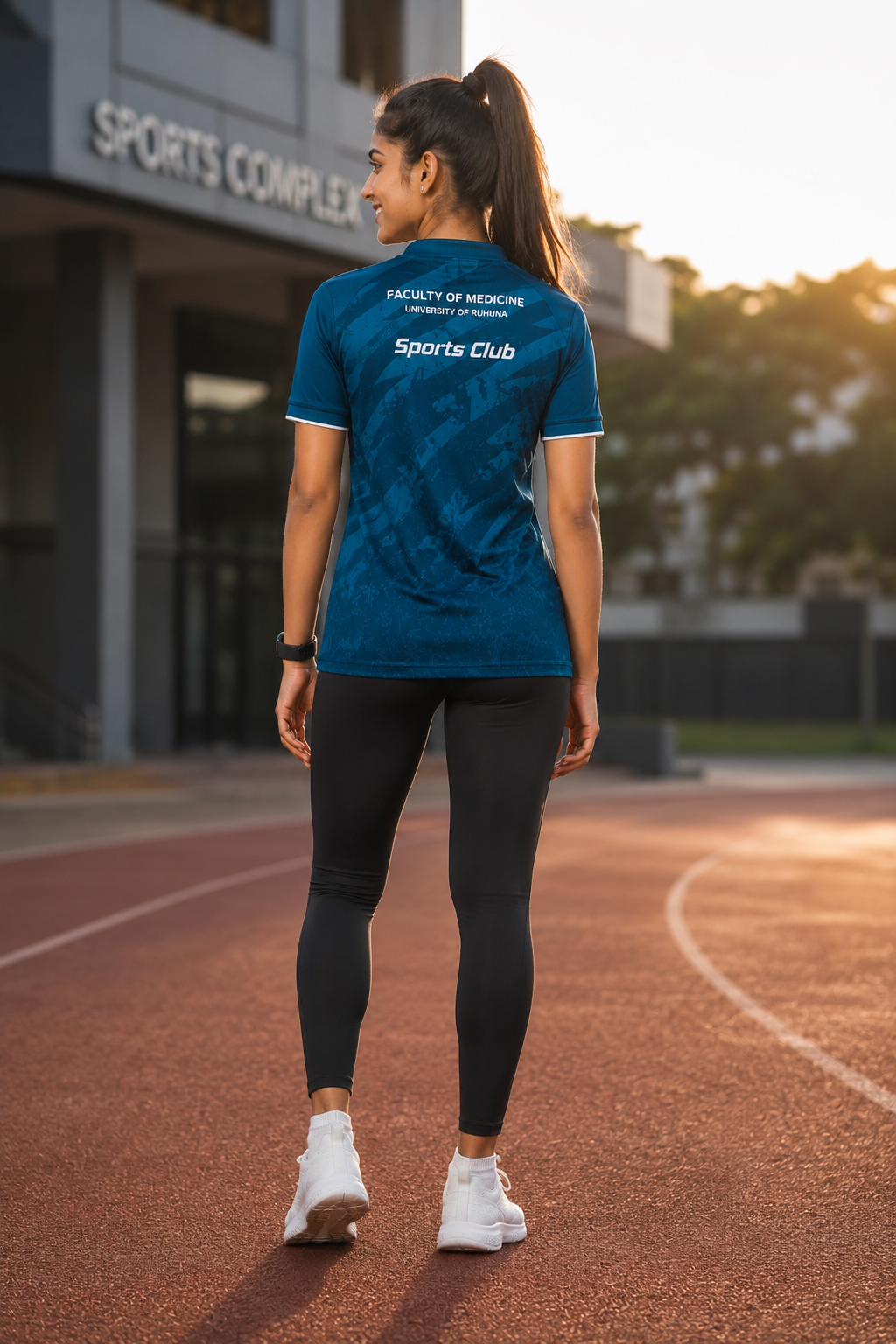 Female model showing the back print of the jersey