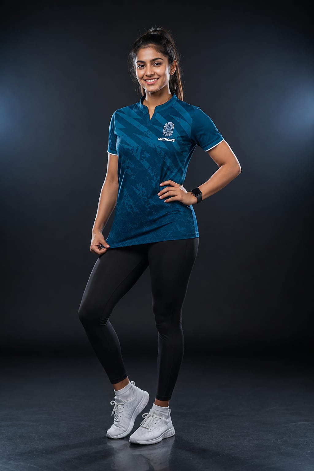 Female model wearing the jersey, studio shot
