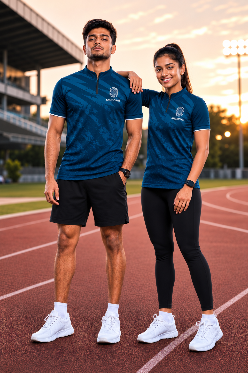 Two models wearing the Sports Club Faculty of Medicine jersey on the running track