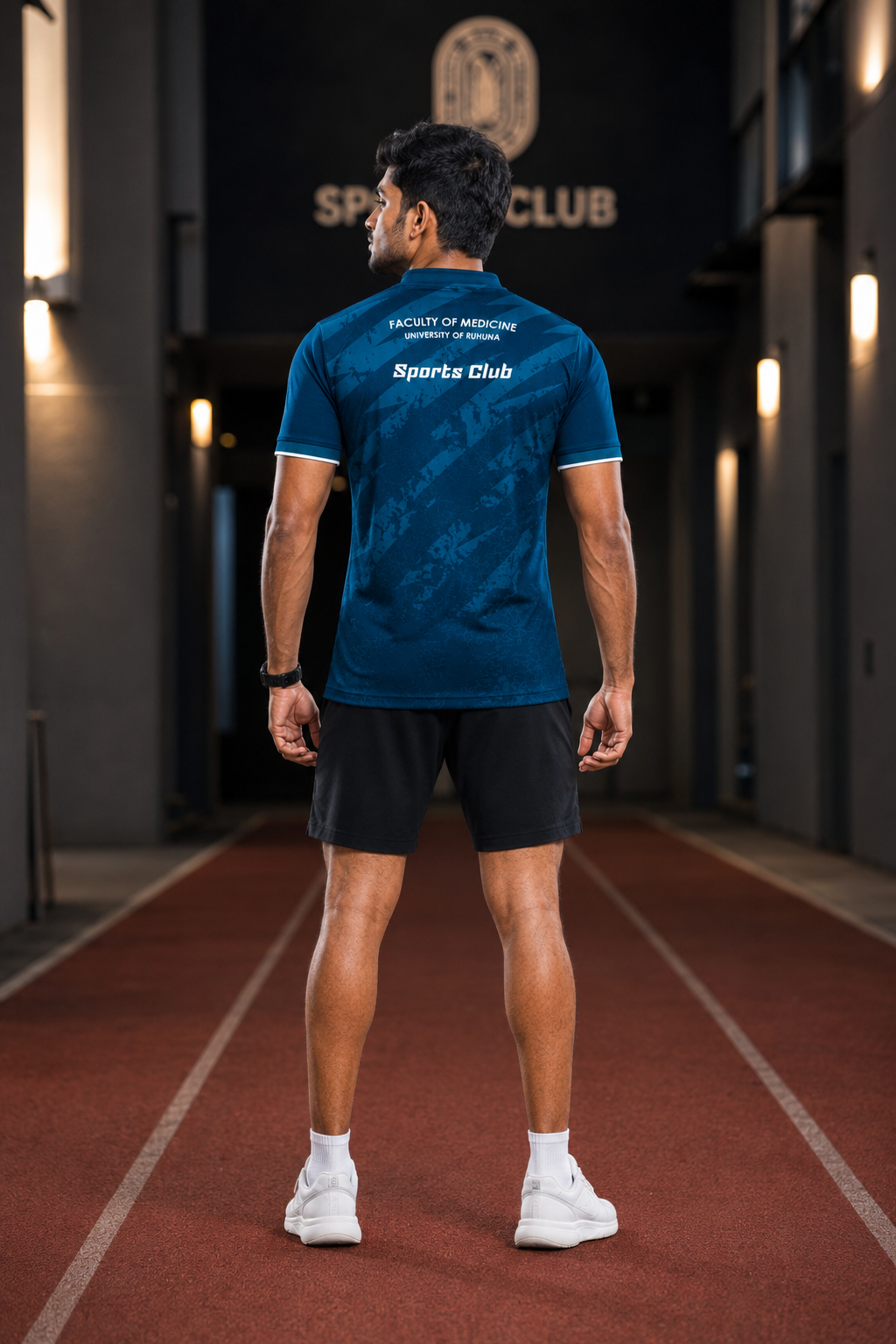 Male model showing the back print outside the Sports Club entrance